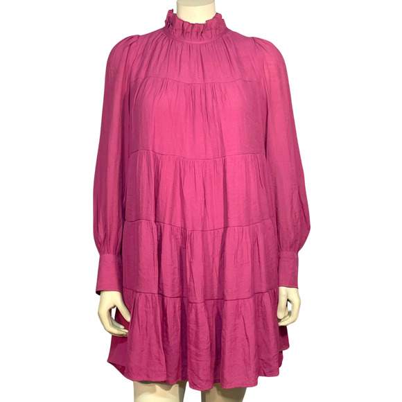 entro Dresses & Skirts - Entro Sz L Tiered Dress High Neck Peasant Sleeve Tie Back Orchid Pink Flowy Boho
